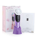 Purple and black 7-in-1 facial massager ems with circular treatment head on matching stand featuring light vibration led