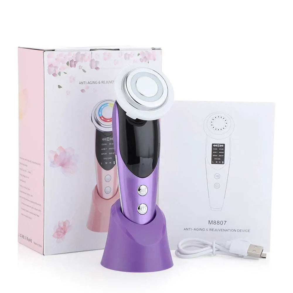 Purple and black 7-in-1 facial massager ems with circular treatment head on matching stand featuring light vibration led