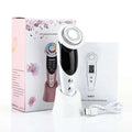 White and black 7-in-1 facial massager ems with circular head and digital display featuring light vibration led technology