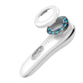 White 7 in 1 led facial machine and skin care massager with circular head featuring blue led lights and silver accent ring