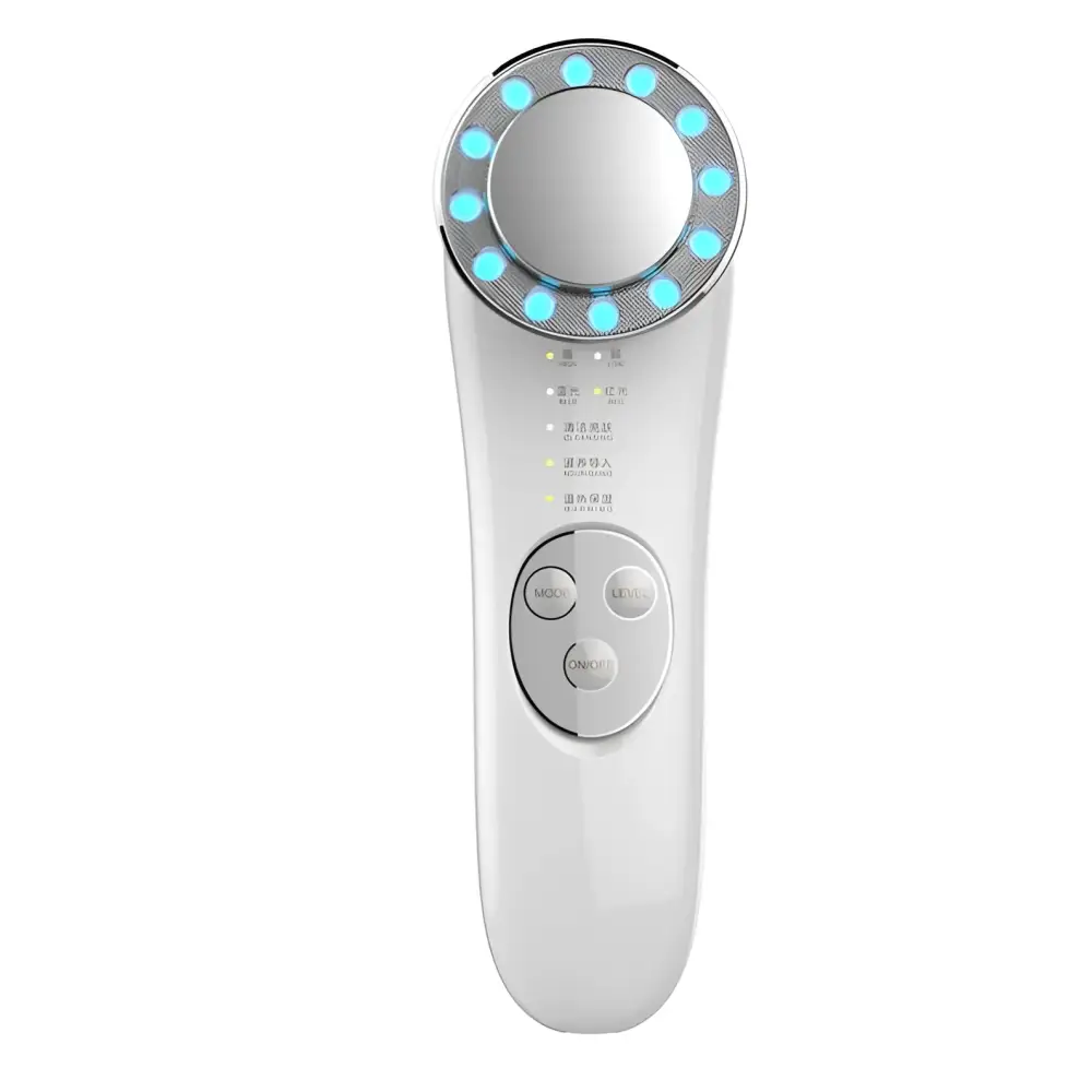 White 7 in 1 led facial machine and skin care massager with circular head featuring blue led lights and control buttons