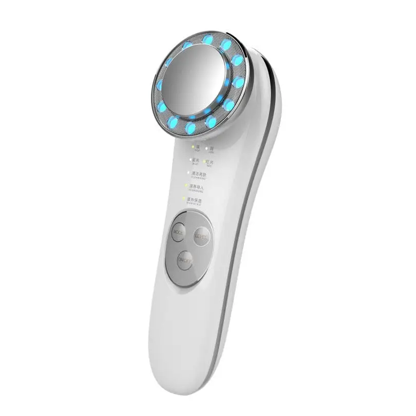 White 7 in 1 led facial machine and skin care massager with circular head featuring blue led lights and silver accents