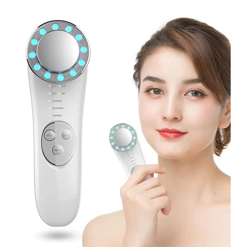 White 7 in 1 led facial machine and skin care massager with circular head featuring blue led lights around mirror surface