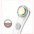 White and gold 7 in 1 led facial machine with a circular head featuring blue led lights and a central golden pad skin care massager