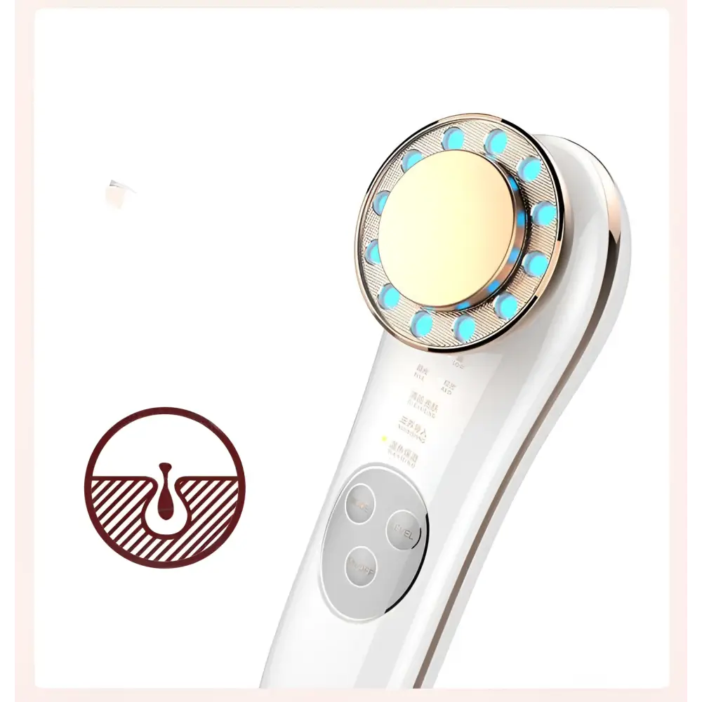 White and gold 7 in 1 led facial machine with a circular head featuring blue led lights and a central golden pad skin care massager