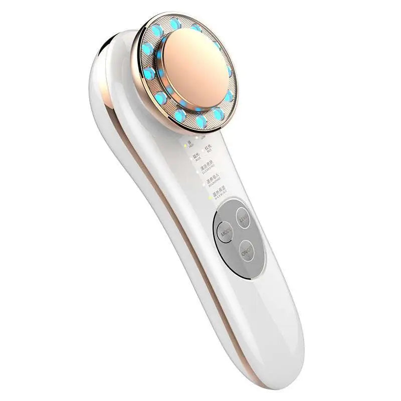 White and rose gold 7 in 1 led facial machine and skin care massager with circular head featuring blue led lights and peach pad