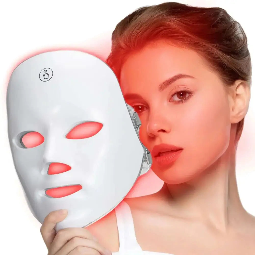 White 7-in-1 rechargeable red light face mask with red led lights and touch control button for facial treatment