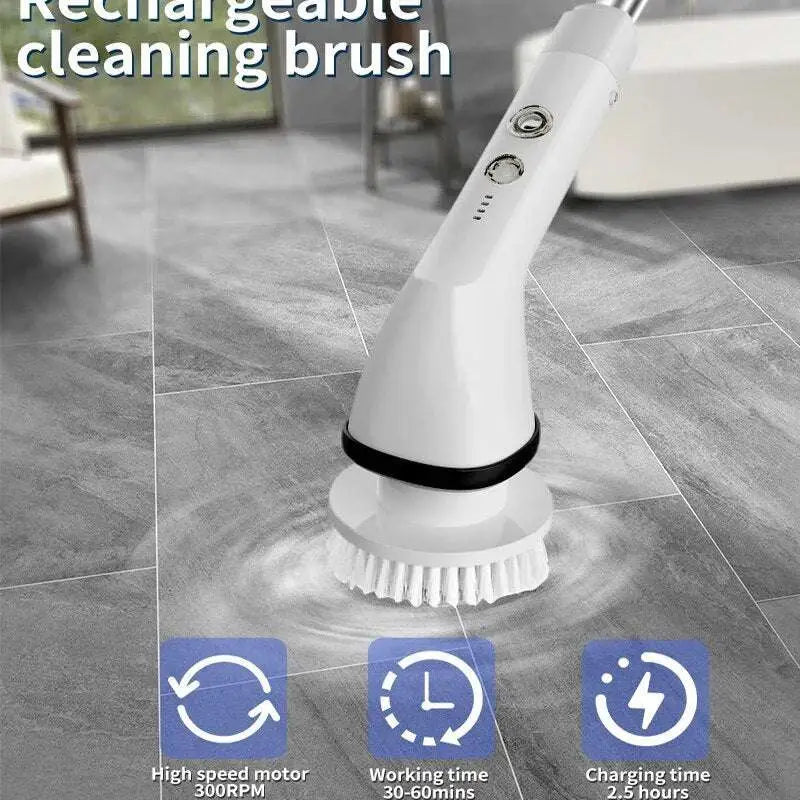 White wireless electric cleaning brush with ergonomic handle, soft bristles, and multiple attachments for versatile use
