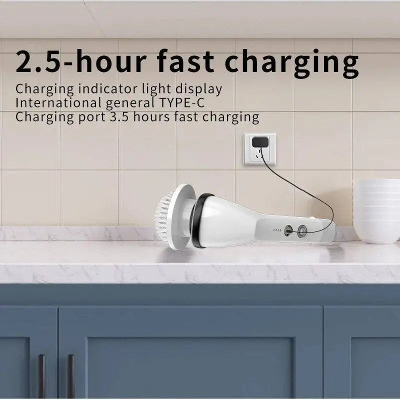 White wireless electric cleaning brush with soft bristles and ergonomic handle featuring multiple attachments