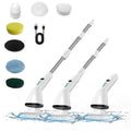 White wireless electric cleaning brush with silver metallic handle and multiple interchangeable attachments for versatile use