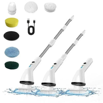 White wireless electric cleaning brush with silver metallic handle and multiple interchangeable attachments for versatile use