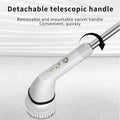 White wireless electric cleaning brush with detachable telescopic handle black rubber grip and multiple attachments