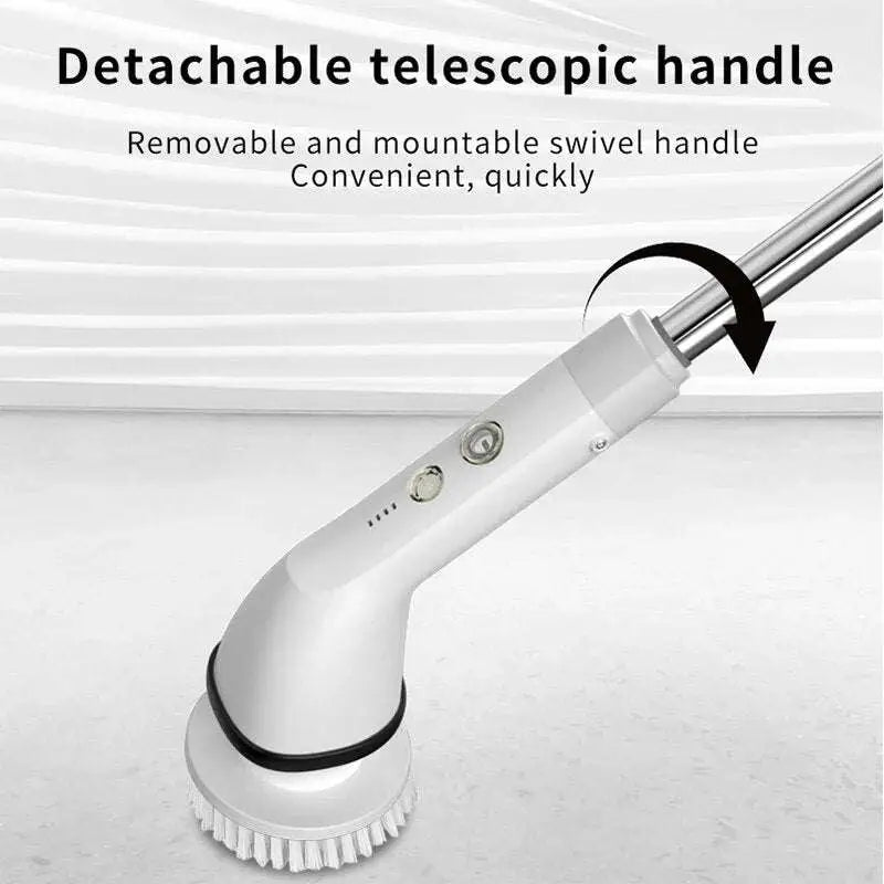 White wireless electric cleaning brush with detachable telescopic handle black rubber grip and multiple attachments