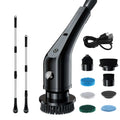 Black 7-in-1 wireless electric cleaning brush with digital display showing 66 and multiple interchangeable scrubbing attachments