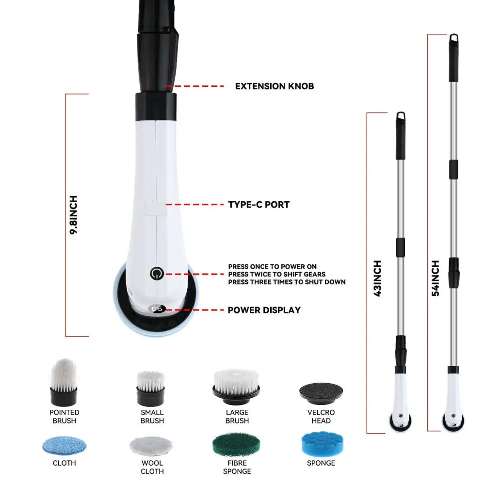 White and black 7-in-1 wireless electric cleaning brush with digital display and multiple interchangeable brush heads for scrubbing