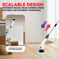 White and black 7-in-1 wireless electric cleaning brush with digital display and adjustable telescopic handle for floor and ceiling cleaning