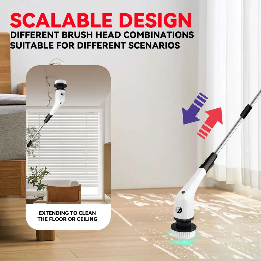 White and black 7-in-1 wireless electric cleaning brush with digital display and adjustable telescopic handle for floor and ceiling cleaning