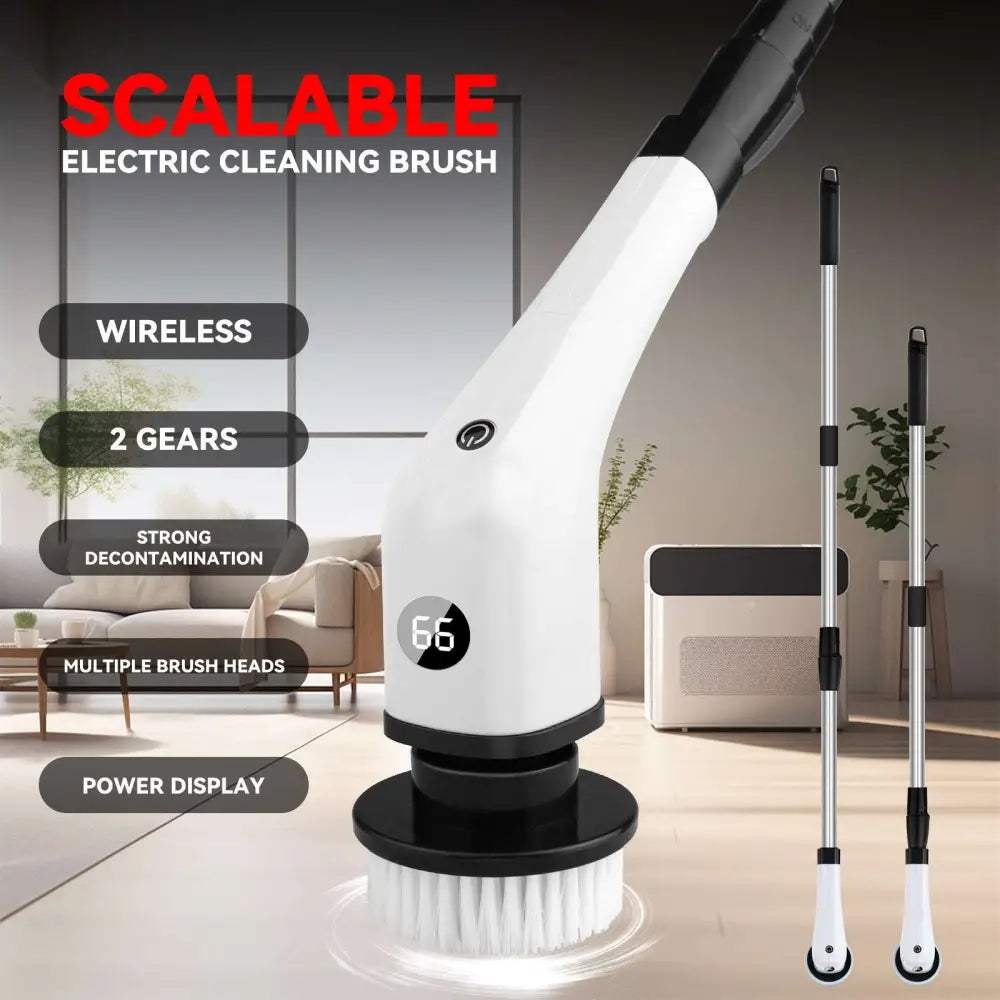 White and black 7-in-1 wireless electric cleaning brush with digital display and multiple interchangeable brush heads for scrubbing