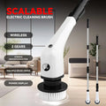 White and black 7-in-1 wireless electric cleaning brush with digital display and multiple interchangeable brush heads for scrubbing
