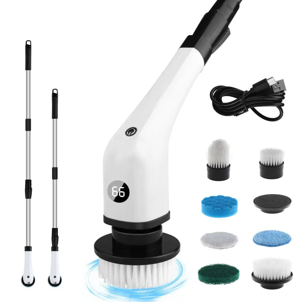 White and black 7-in-1 wireless electric cleaning brush with digital display and multiple interchangeable attachments