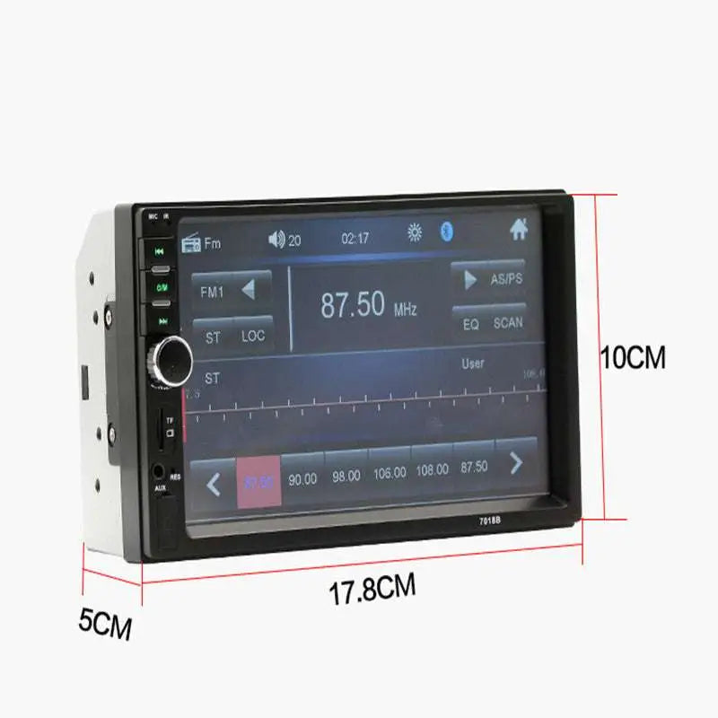 Black and white 7 inch dual spindle vehicle mp5 stereo featuring mobile phone phone interconnection universal showing fm radio
