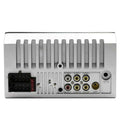 Silver brushed metal 7 inch dual spindle vehicle mp5 receiver back showing phone interconnection universal ports