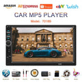 Black 7 inch dual spindle vehicle mp5 player featuring mobile phone interconnection with touchscreen and media controls