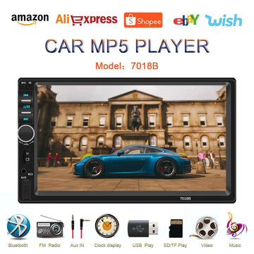 Black 7 inch dual spindle vehicle mp5 player featuring mobile phone interconnection with touchscreen and media controls