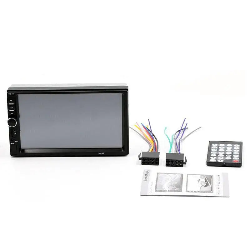 Black 2din dual spindle vehicle mp5 car stereo featuring a 7 inch screen and phone interconnection universal buttons