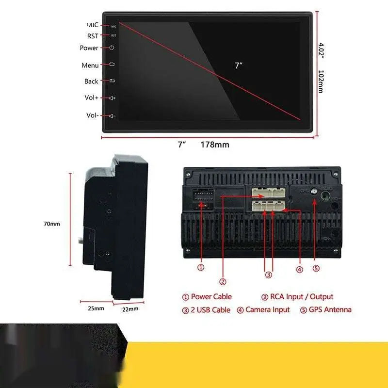 7 inch hd android black bluetooth mp5 player with touchscreen and rear panel input ports in sleek rectangular design