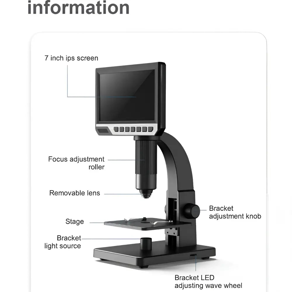 Black 7 inch hd touchscreen digital microscope Royale Essence Lux with removable lens for detailed observation