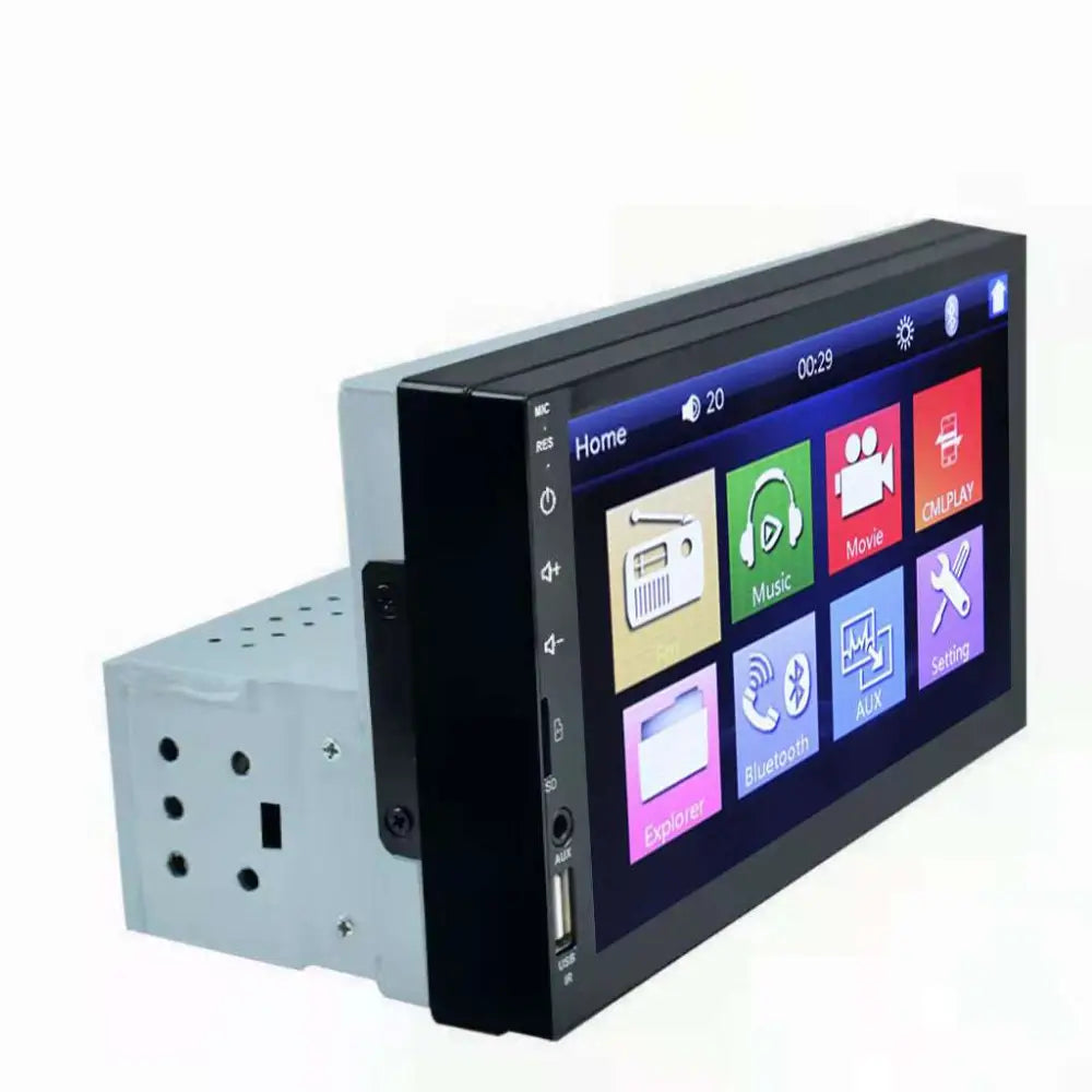Black 7 inch mp5 player mobile phone interconnection stereo with touchscreen and silver mounting bracket for car use