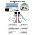 Silver car stereo wiring harness with labeled color-coded wires and ports for 7 inch mp5 player mobile phone interconnection