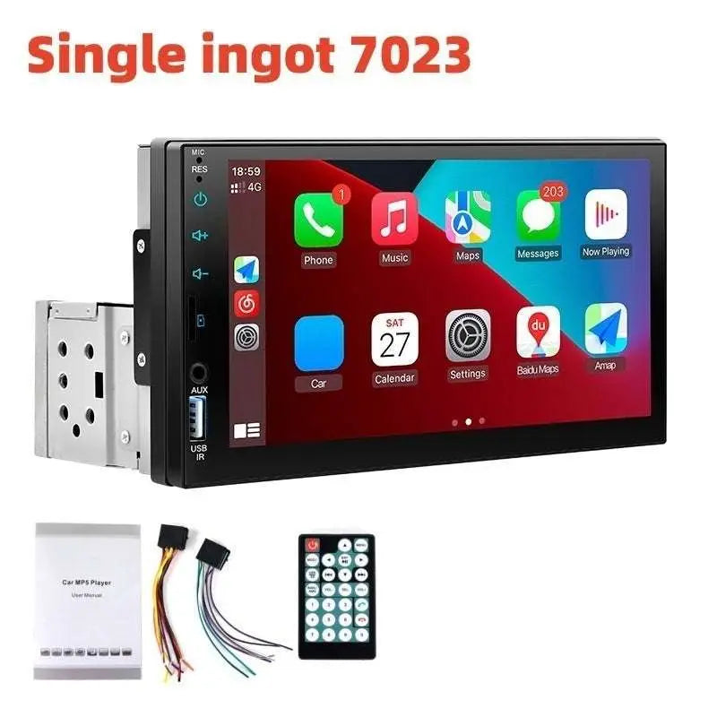 Black single din 7 inch mp5 player mobile phone interconnection car stereo with touchscreen and side connectivity ports