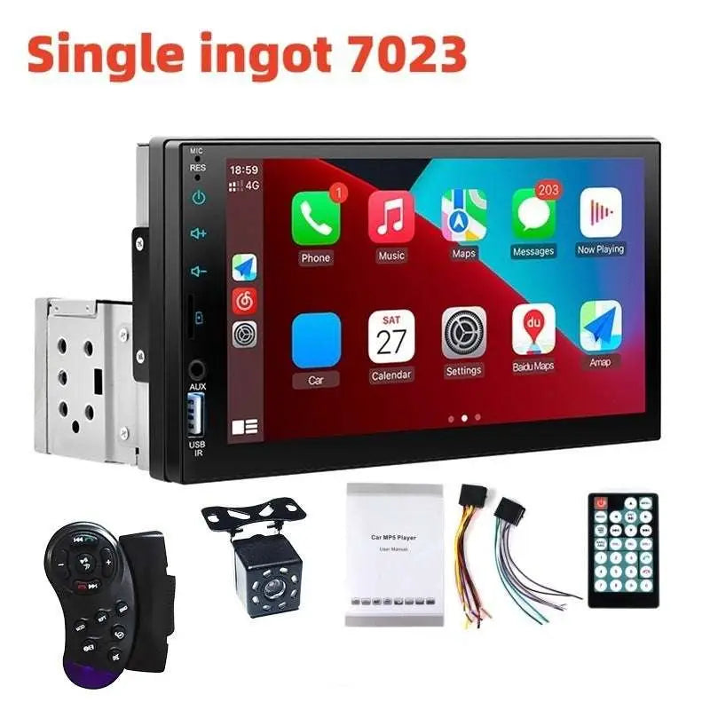 Black 7 inch mp5 player mobile phone interconnection car stereo with touchscreen, remote, camera, wiring harnesses, and manual