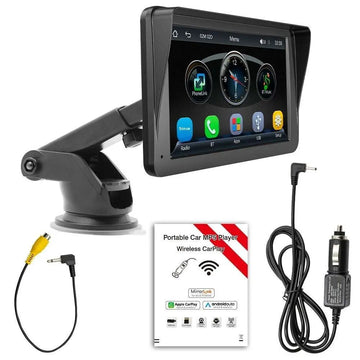 Black 7 inch portable car player with hd large touchscreen display and adjustable arm mount for vehicle use