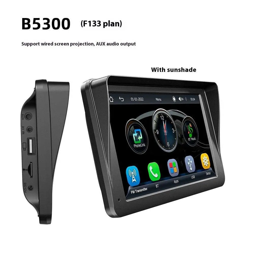 Black b5300 portable car player with 7 inch touchscreen display and sunshade for large screen vehicle use