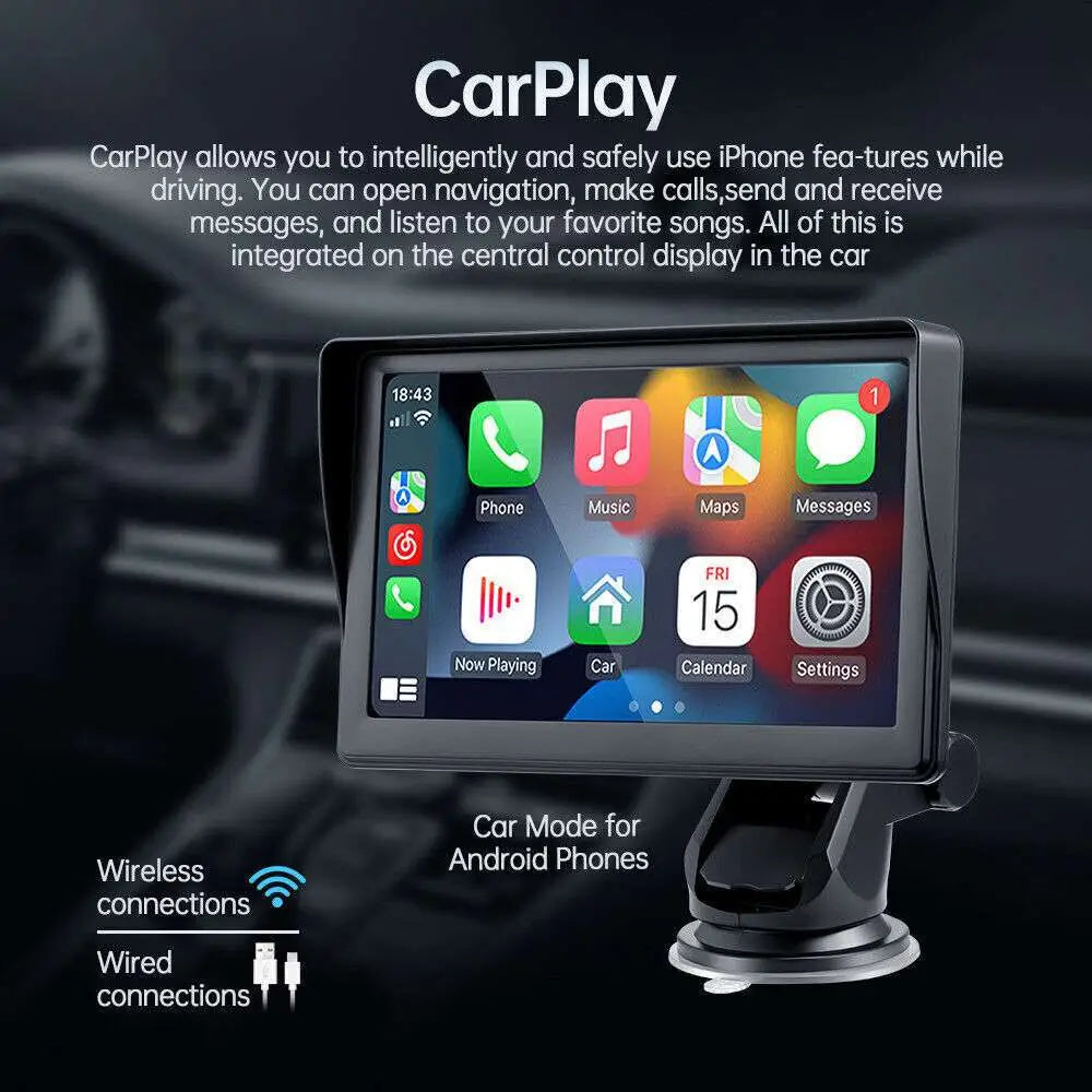 Black 7 inch portable wireless carplay car smart screen with sleek modern design and glossy finish display panel