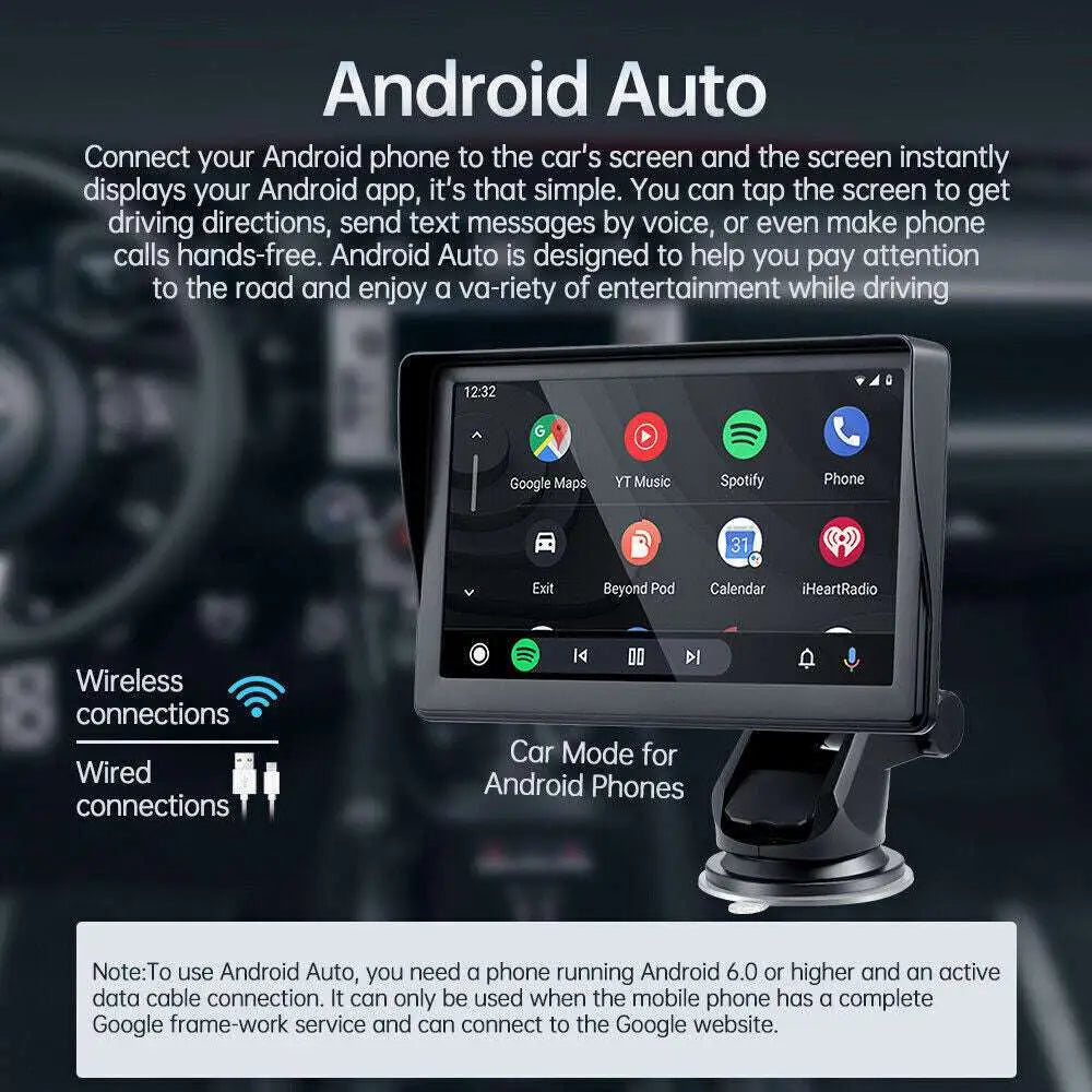 Black-framed 7 inch portable wireless carplay car smart screen with glossy finish displaying app icons on touchscreen