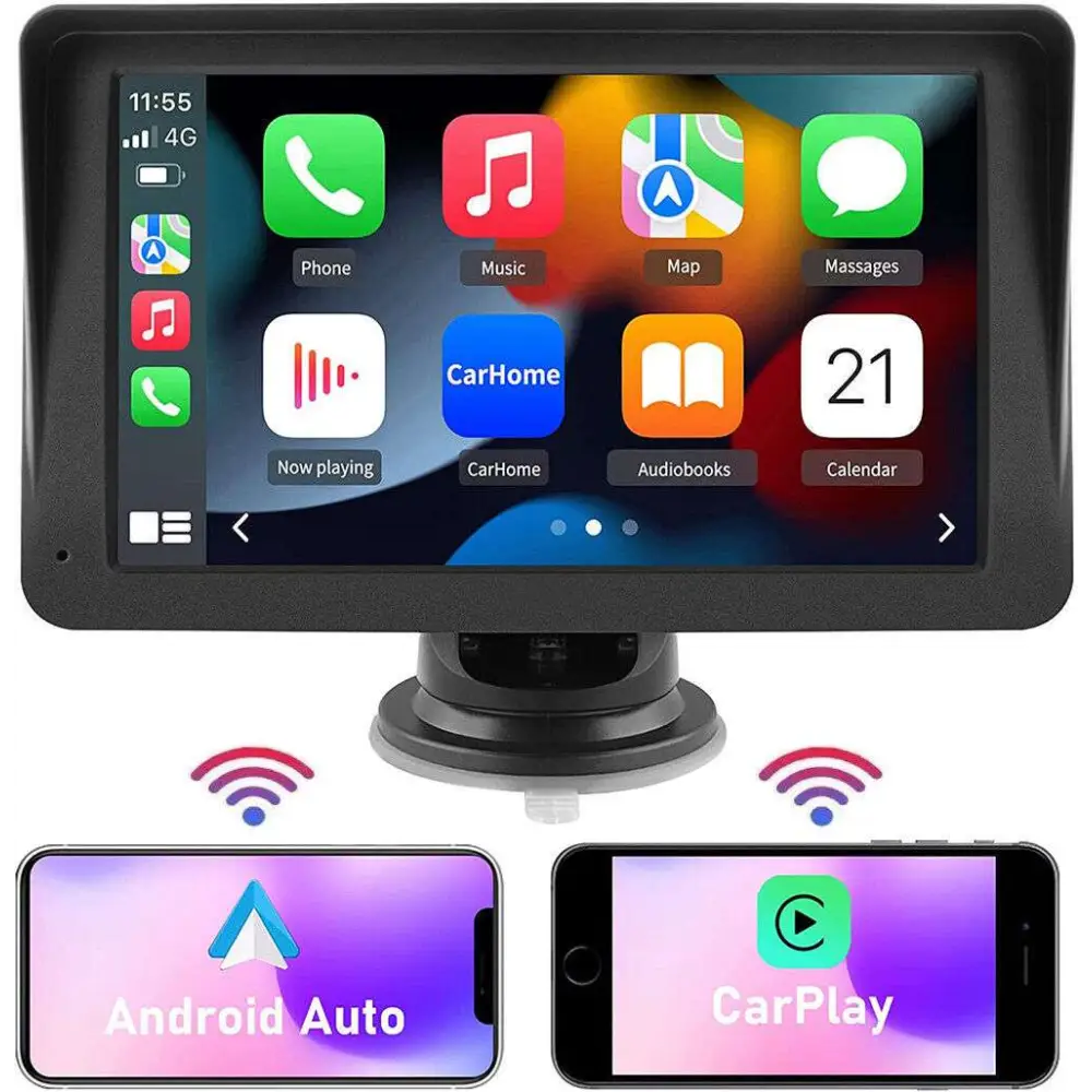 Black-framed 7 inch portable wireless carplay car smart screen touchscreen displaying ios-style app icons connected wirelessly