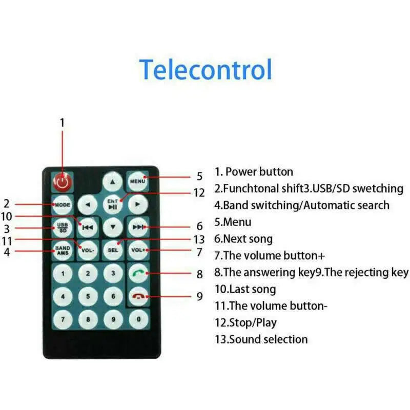 Black remote control with white circular buttons and red power button for 7 inch touch screen car mp5 player with bluetooth