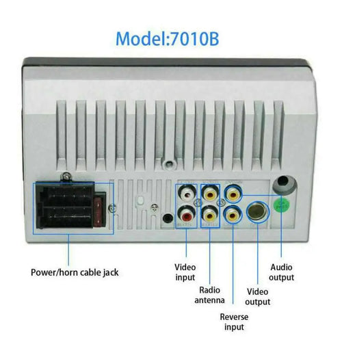 Silver-colored rectangular car mp5 player with 7 inch touch screen and vertical ventilation slits on back panel