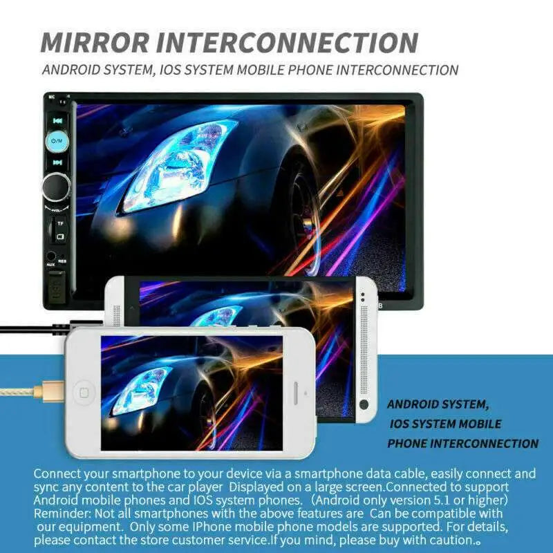 Black 7 inch touch screen car mp5 player with bluetooth showing blue sports car and control buttons for rear view camera
