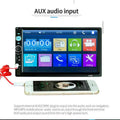 Black 7 inch touch screen car mp5 player with colorful app icons aux input port connected to smartphone for rear view camera use