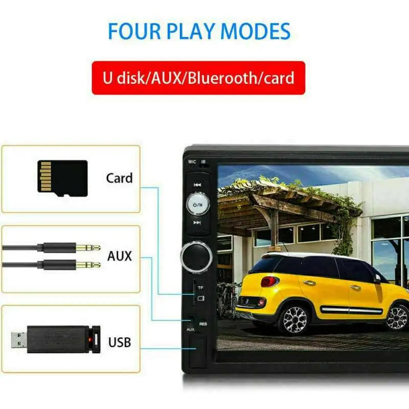 Black car mp5 player with 7 inch touch screen showing yellow suv and four play modes usb aux bluetooth sd card with rear view camera