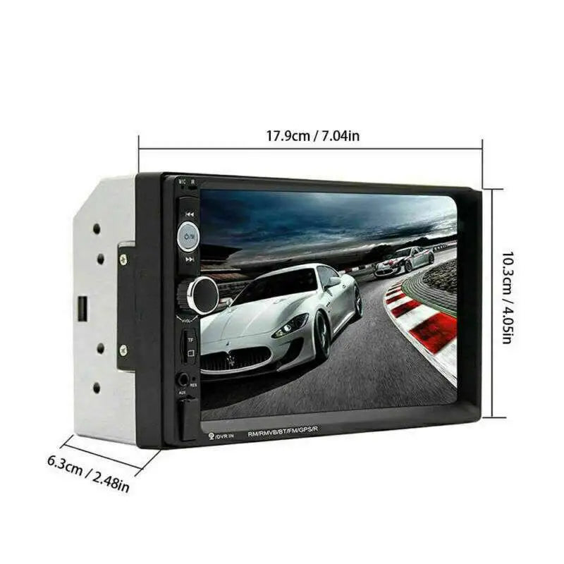 Black and silver 7 inch touch screen car mp5 player with bluetooth displaying white sports car and rear view camera feature