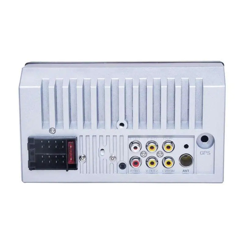 Silver aluminum 7 inch touchscreen car bluetooth mp5 player backside with multiple audio and video rca output ports