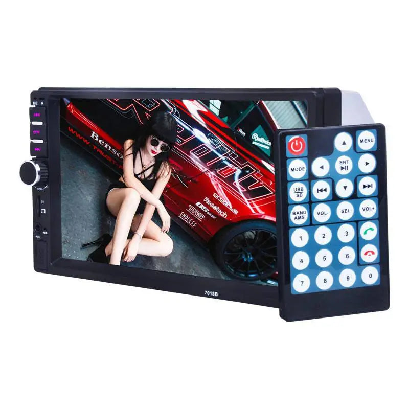 Black 7 inch touchscreen car bluetooth mp5 player with physical buttons on left side for calling and media control