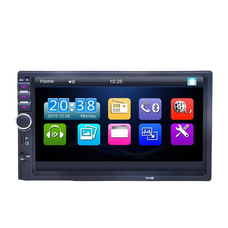 Black 7 inch touchscreen car bluetooth mp5 player with physical buttons on left side for calling and media control