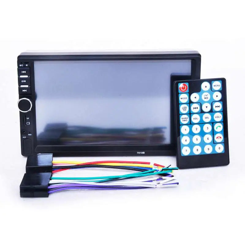 Black 7 inch touchscreen car bluetooth mp5 player with calling function and matching remote control with blue buttons